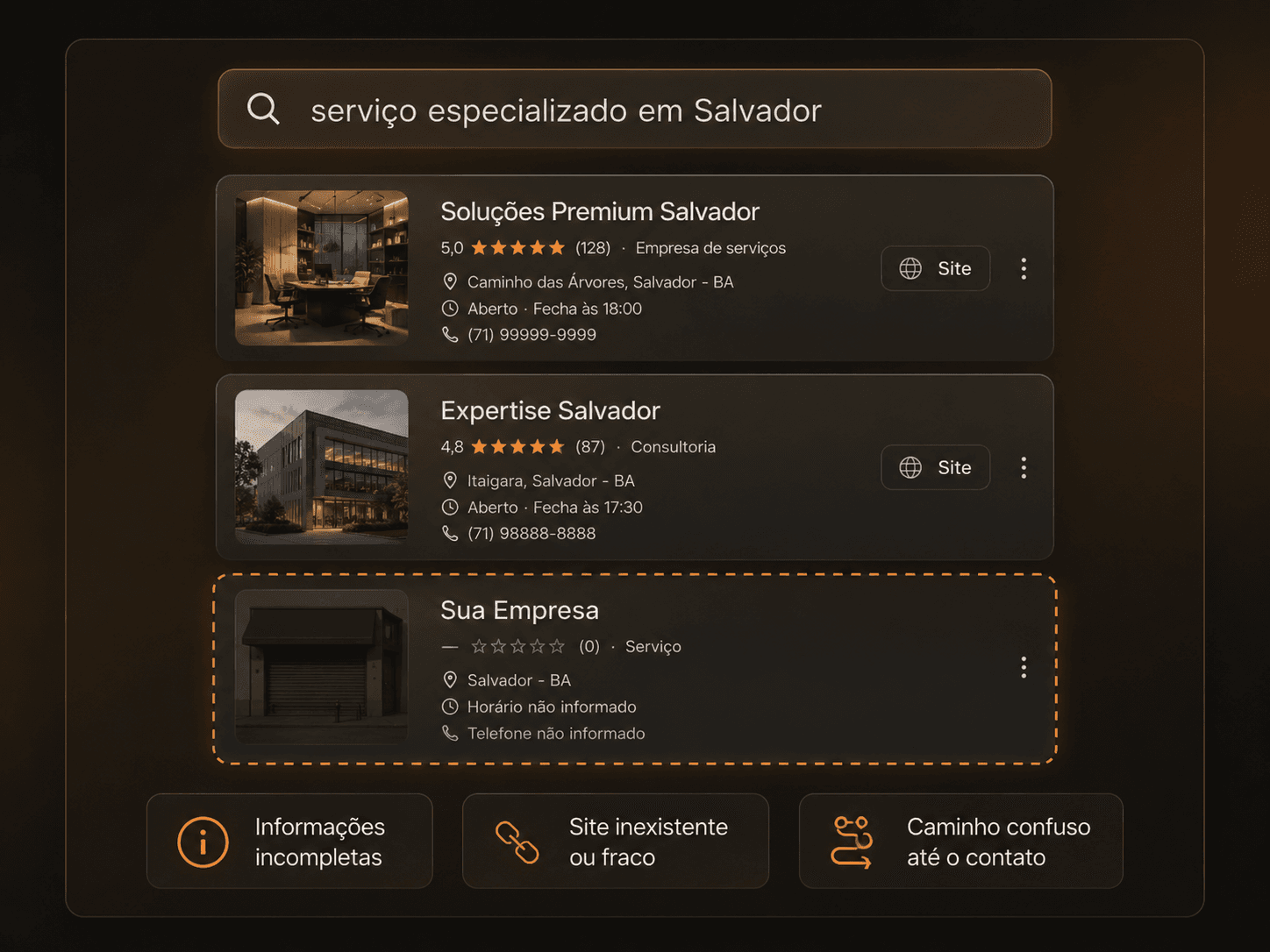 Busca por serviço em Salvador: dois concorrentes com perfil completo e, abaixo, um negócio sem site, sem horário e sem telefone
